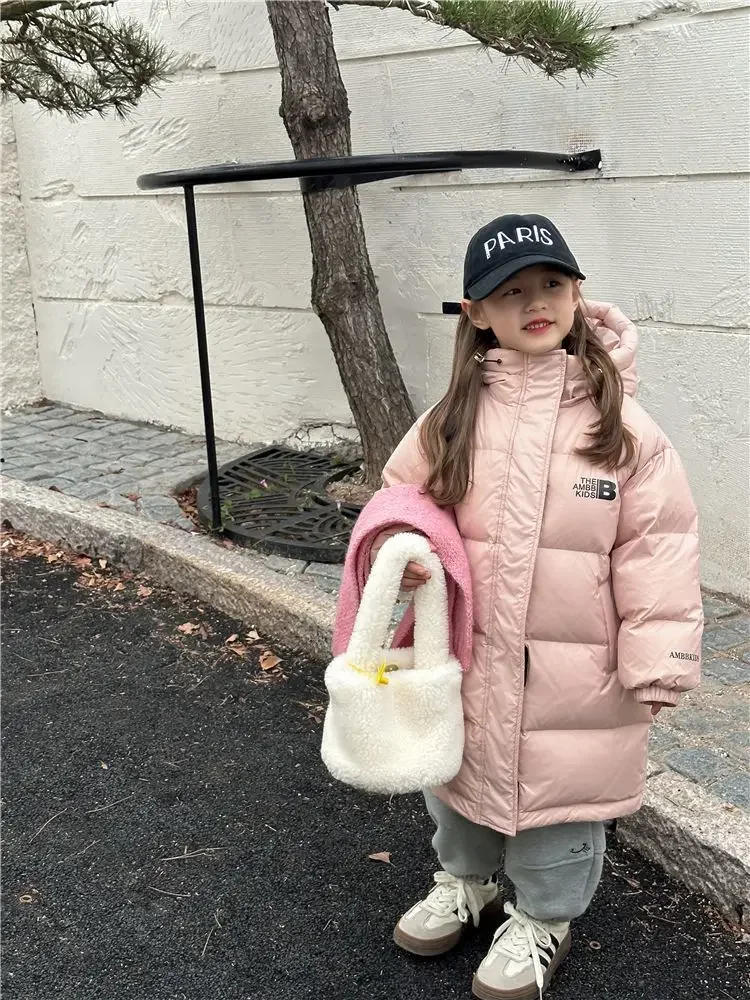 Girls Korean Casual High-quality White Duck Down Letter Long Down Jacket Children Autumn and Winter Clothes Fashion Warm