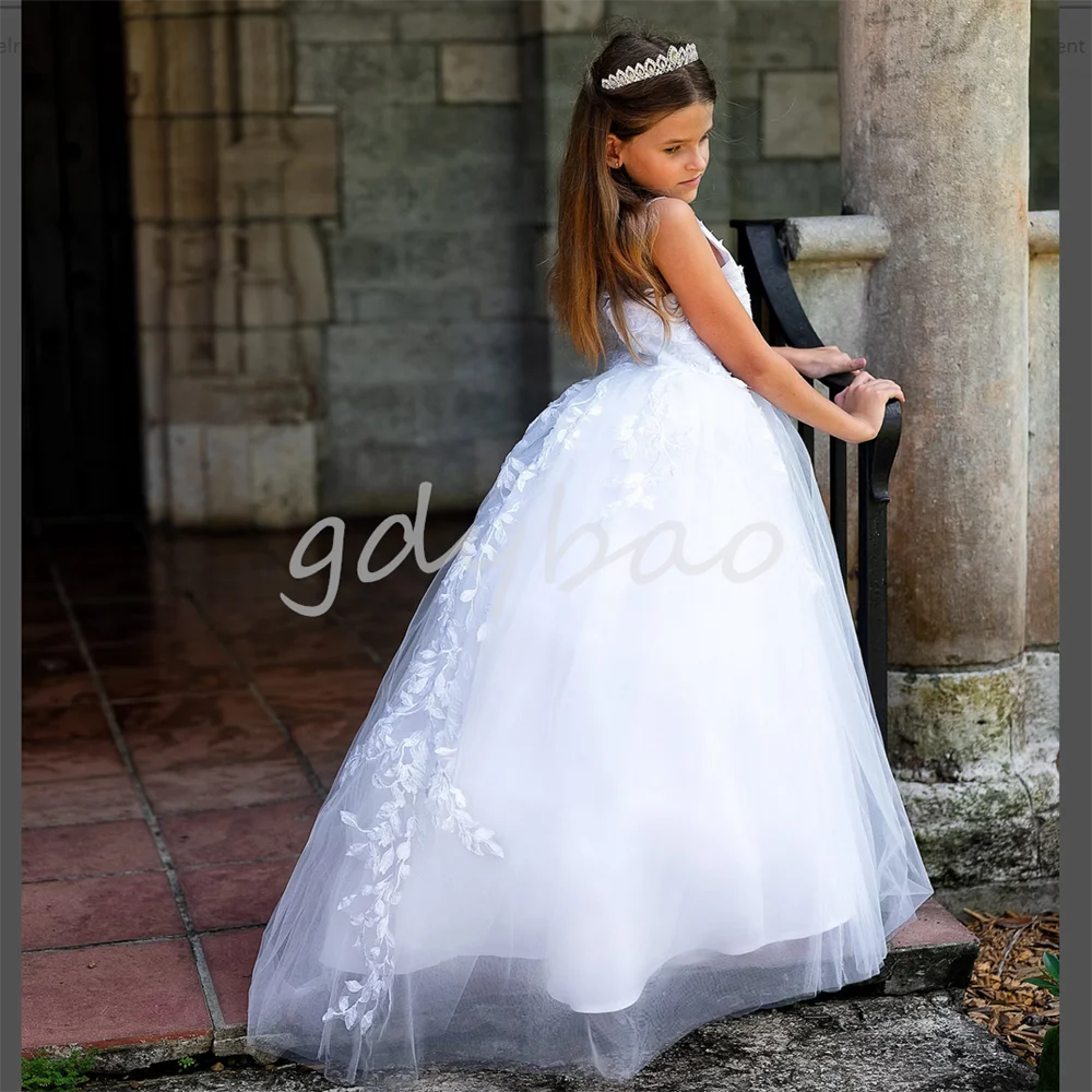 

Flower Girl Dresses Formal Lace Sleeveless Ball Gown O-neck Beading First Communion Dresses for Girls Vestidos Longo New Arriva