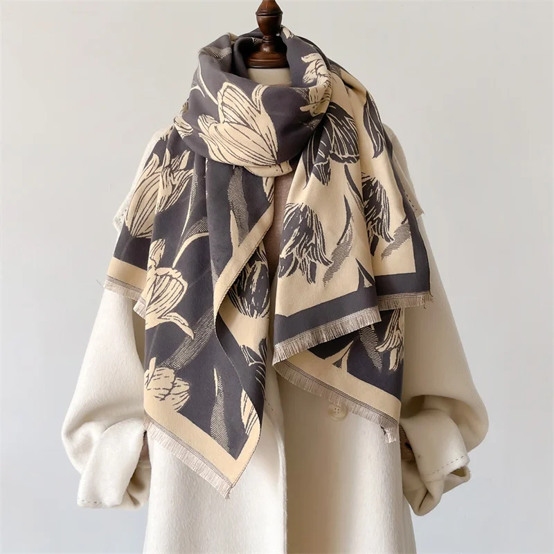 2024 Design Floral Printed Cashmere Scarf Women Winter Pashmina Shawls And Wraps Thick Warm Bufanda Stoles Blanket Luxury