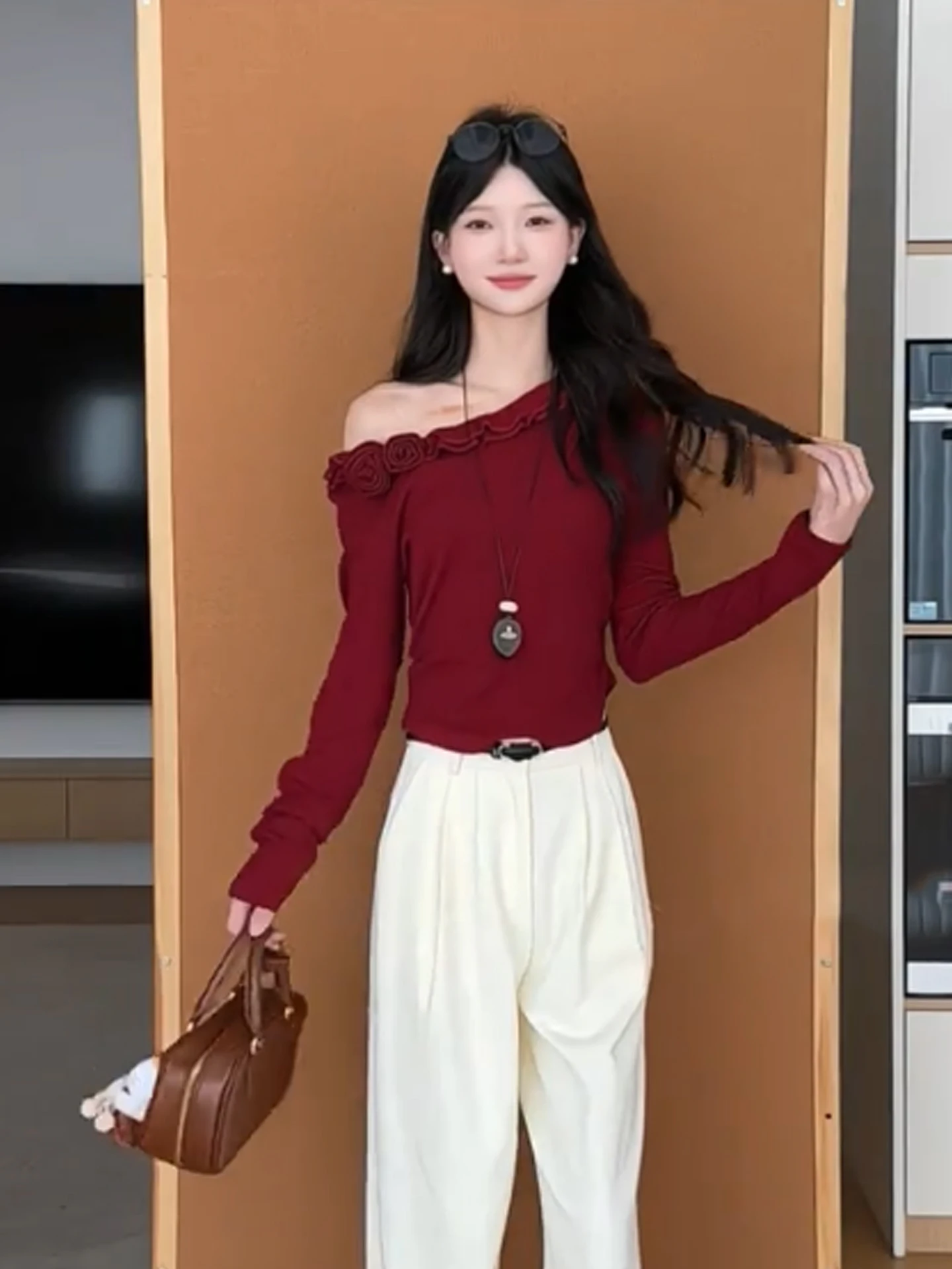 

Slim Fit Long Sve Knitted Sweater Women's Autumn Winter New Sle Beautiful Floral 3D Decoration ort Inner Wear Top Trendy