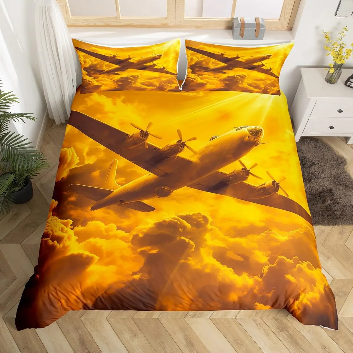 Army Airplane Duvet Cover Aircraft Print Bedding Set,Vintage Retro World War Quilt Cover Fighter Plane Air Force Comforter Cover