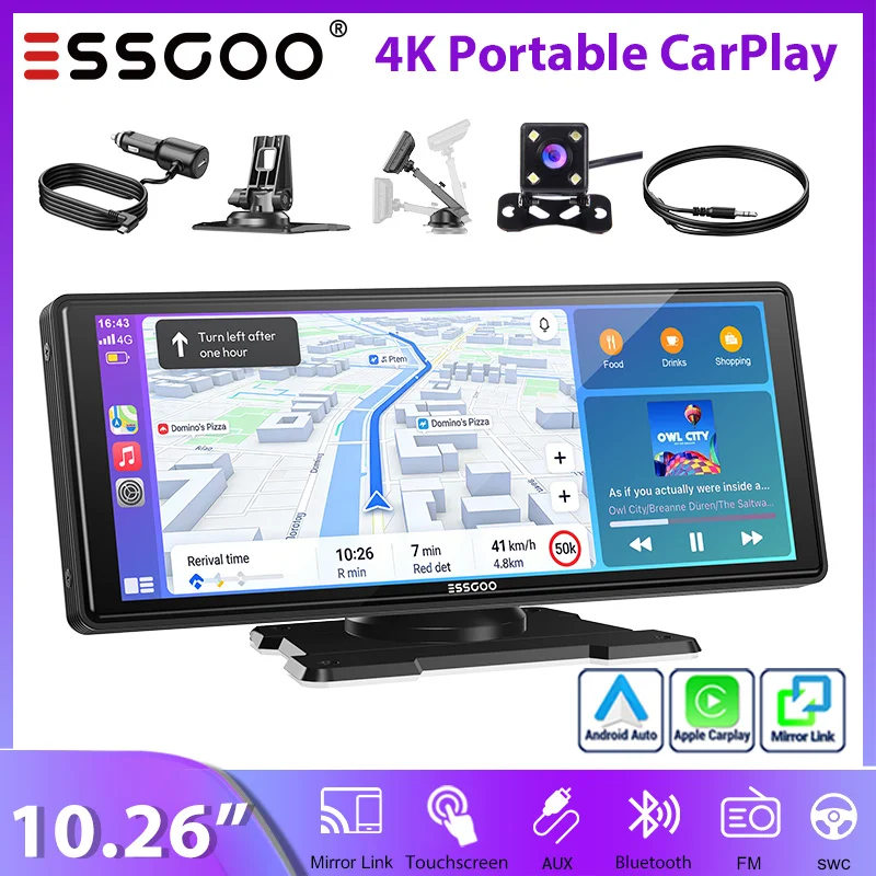 Universele Beugel ESSGOO 10.26" Draagbare CarPlay voor Campers Vrachtwagens Autoradio Tourscreen GPS Navigatie WiFi Draadloze CarPlay Android Auto Bluetooth FM Stuurwielbediening Mirror Link