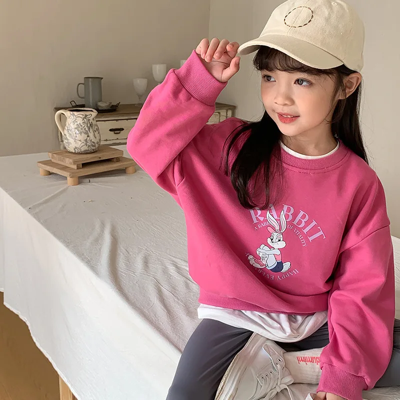 Korean children's 2024 spring children's cartoon printed hoodie boys and girls short round neck long sleeve hoodie T-shirt