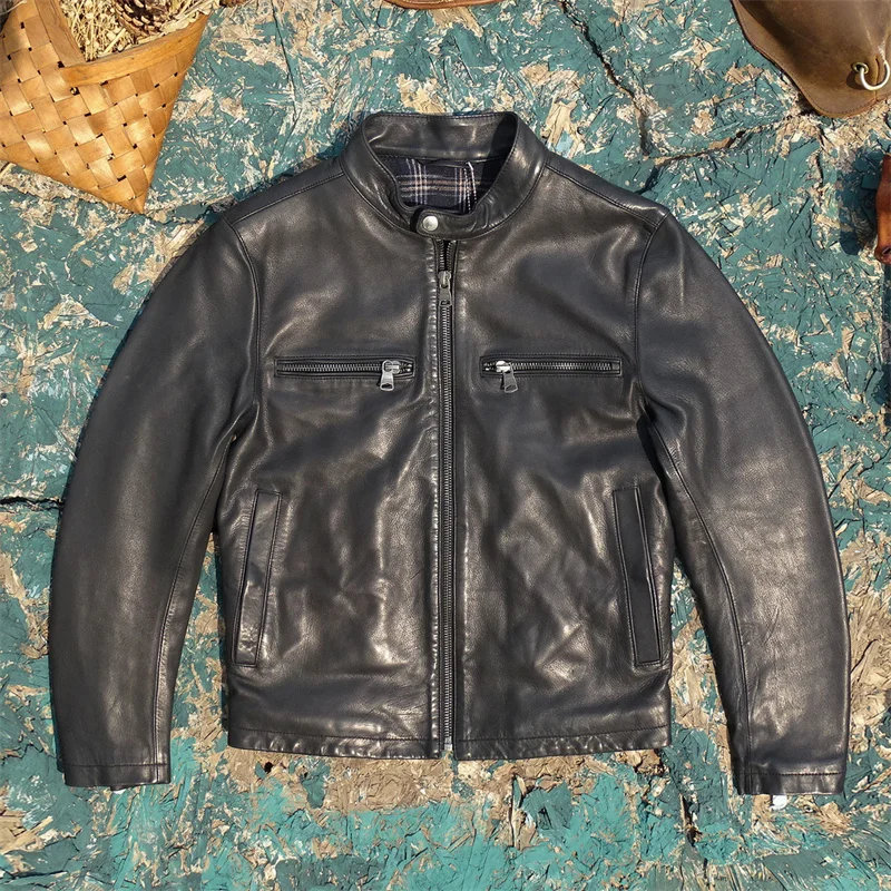 

Кожаная куртка из овчины для мужчин, с воротником-стойкой, утепленная хлопком, темно-синяя, повседневная, для молодежи