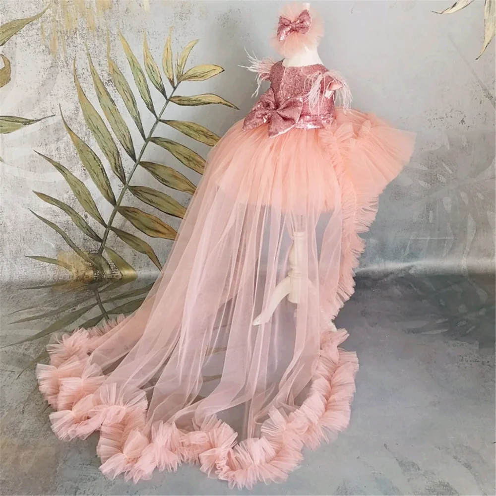 Abiti da ragazza di fiore angelo arancione Tulle con paillettes con fiocco senza maniche per matrimonio, regalo di compleanno per bambini, abito da prima comunione