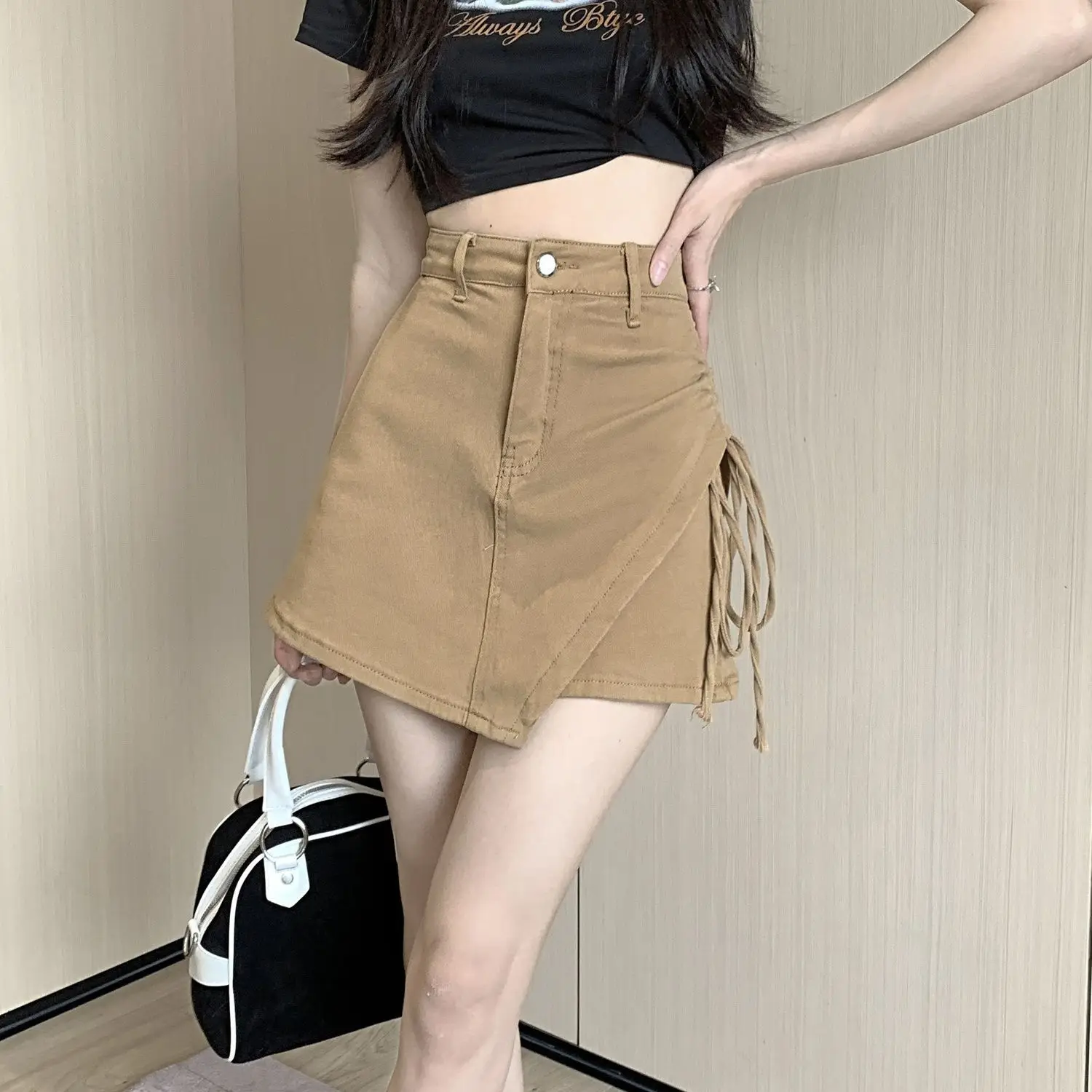 

High Waist Female Jeans Skirts with Strings Khaki Women's Chorts Denim Skirt Cheap Premium Clothing Sales Summer 2025 Vintage