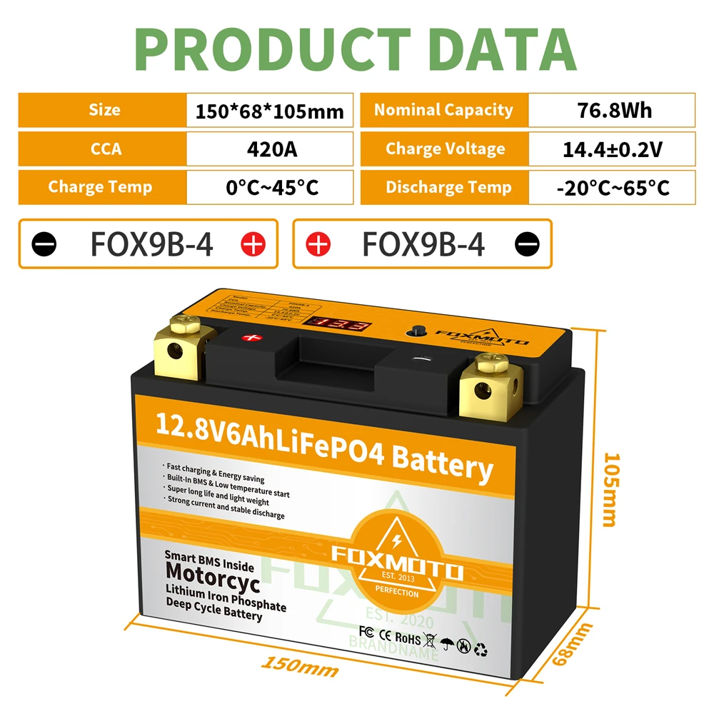 

FOX9B-4 12.8V 76.8Wh CCA 420A BMS Motorcycle Start Battery 12.8V Lithium iron Phosphate Scooter LiFePO4 Batteries YT9B-BS YT9B-4