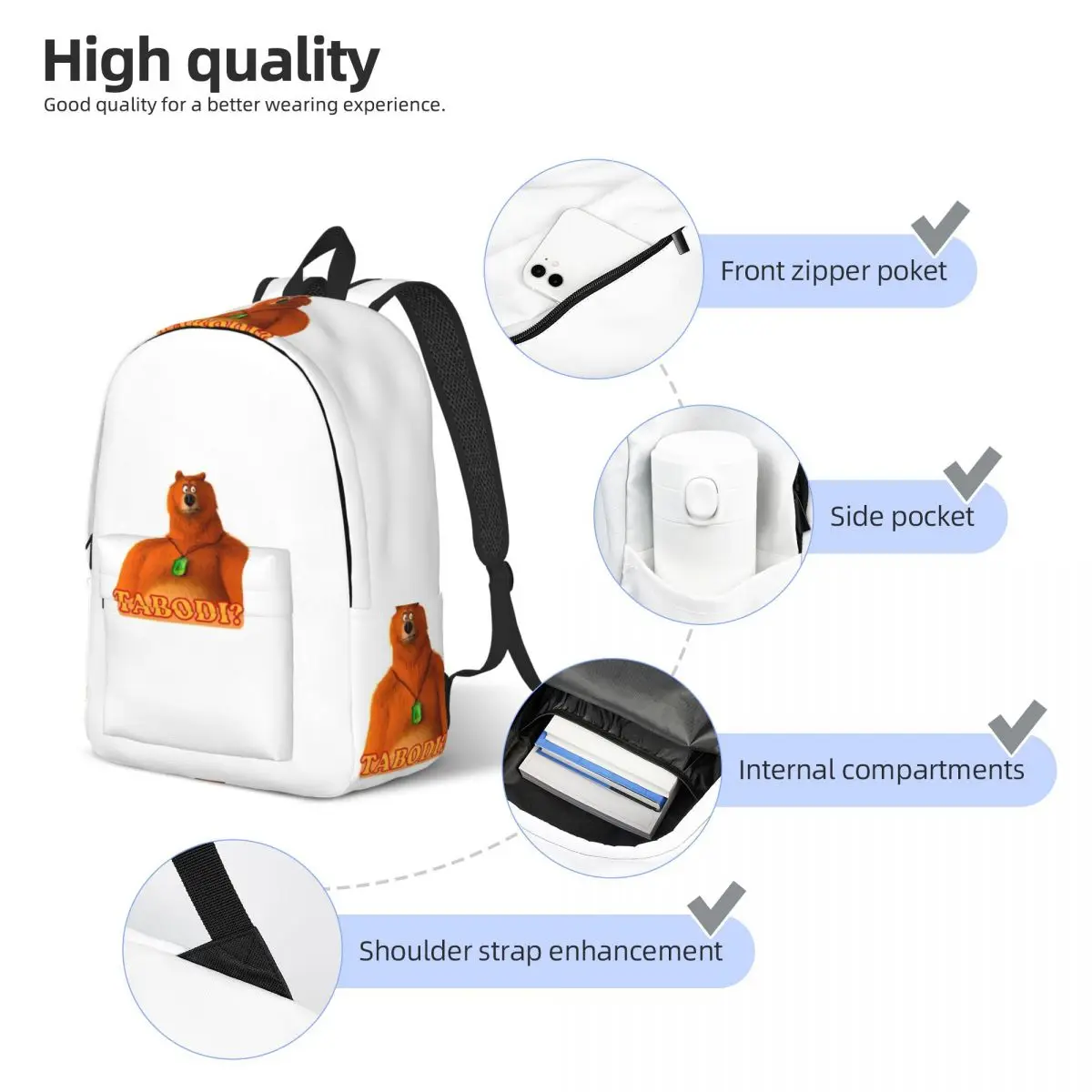 Grizzy And The Lemmings Funny Happy Anxious Asking Bear Cartoon Student Backpack School Bag Hiking Travel Daypack fShoulder Bags