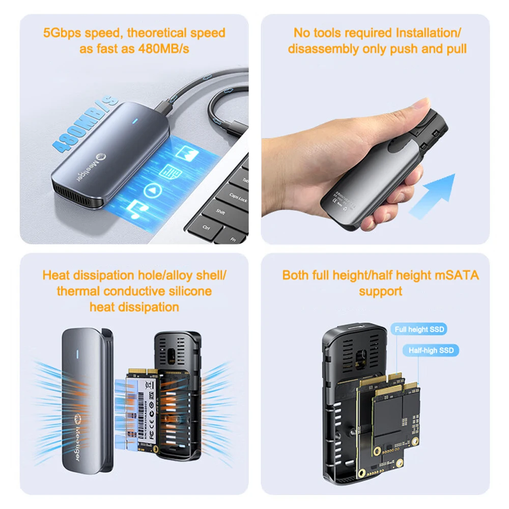 Meetiger Aluminum Alloy Mini mSATA SSD Case To Type-C SSD Enclosure Adapter External Adapter 5Gbps for mSATA SSD for PC Case