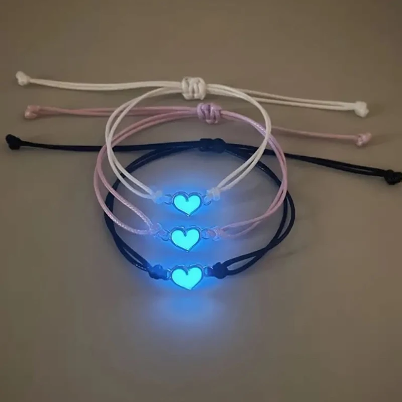 1/4PCS Luminous Heart-shaped Bracelets Hand-woven Waxed Cord Wristbands Glow-in-the-Dark Bracelets Handmade Friends Jewelry Gift