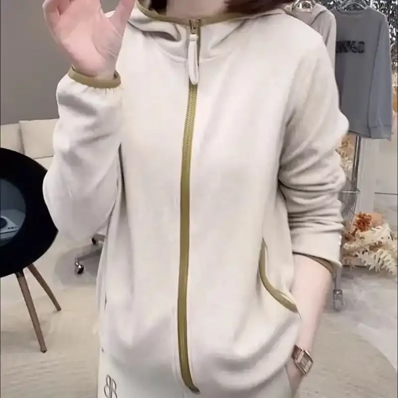 Sudadera con capucha y cremallera para mujer, informal, holgada, de Color sólido, con bolsillo y detalles de ribete rosa, para primavera y otoño