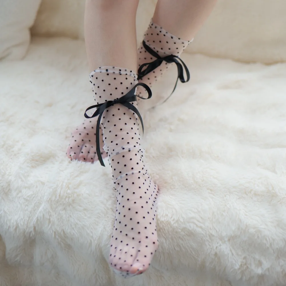 Sweet Bow Dots Mesh Mid Tube Socks Ballet Style Thin Transparent Tulle Bowknot Socks for Girl Harajuku Hosiery