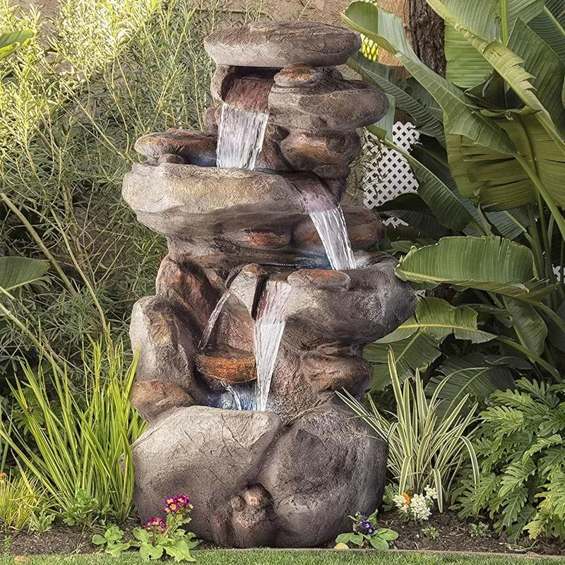 

WIN316 4-Tiered Outdoor Floor Rock Water Fountain for Garden or Patio with Natural Stone Look