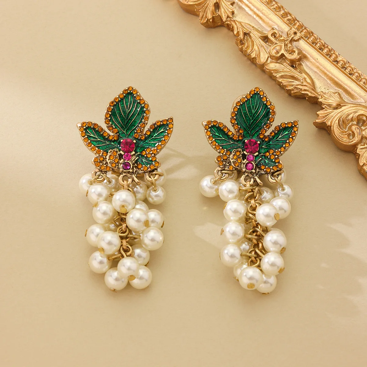 Vintage Style Green Leaf Inlaid with Diamonds and Purple Gemstone Grape Tassel Earrings