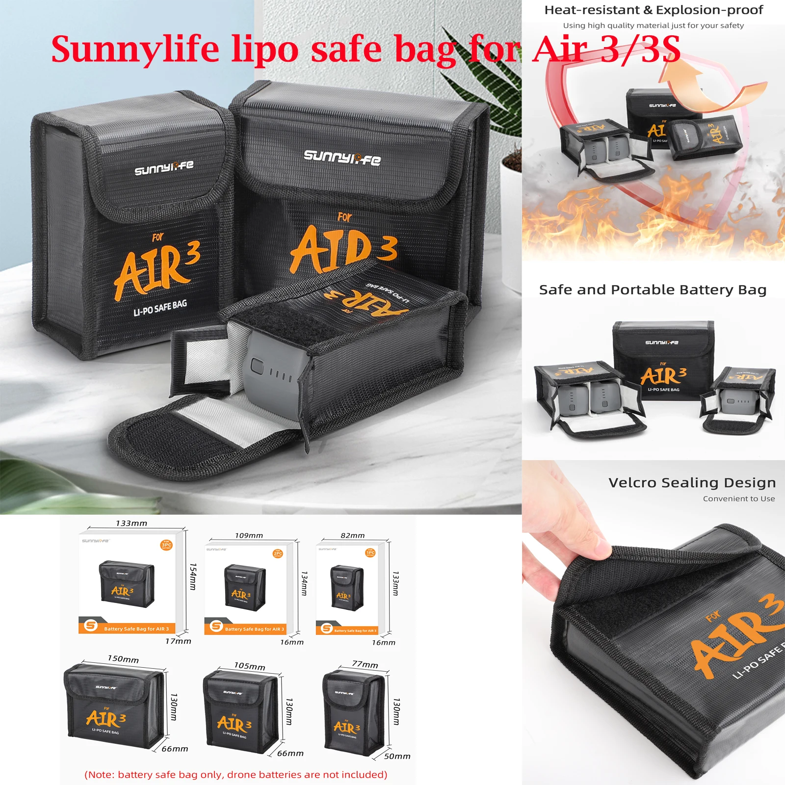 

Sunnylife Drone LiPo Battery Safe Bag For DJI AIR 3/Air 3S Explosion-proof Protective Bag Battery Storage Case Drone