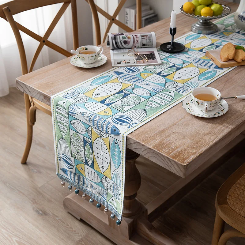 American-Style Cartoon Fish Table Runner Chenille Tassel Home Long Tablecloth Decorative Strip Atmospheric Tea Setting Cloths