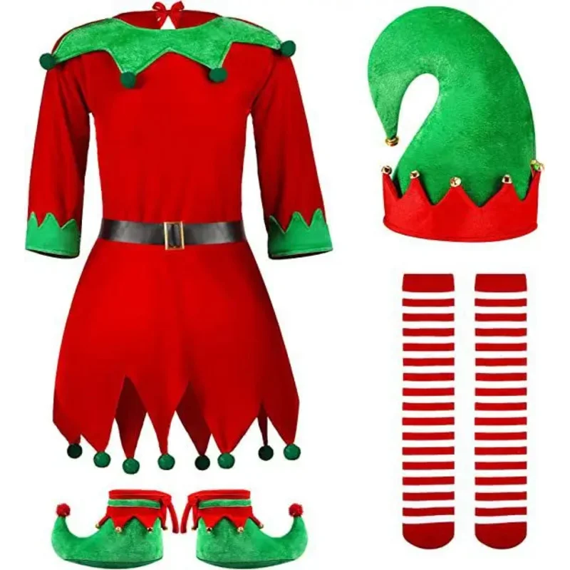 Kids Christmas Santa Claus Elf Cosplay Costume for Girls Red Green Dresses 2023 Xmas Party Clothes Hat Socks Shoes