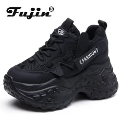 Fujin 8cm Air Mesh Sneakers grosse in vera pelle con tacco nascosto Platform Wedge Hollow Vulcanized Summer scarpe Casual traspiranti