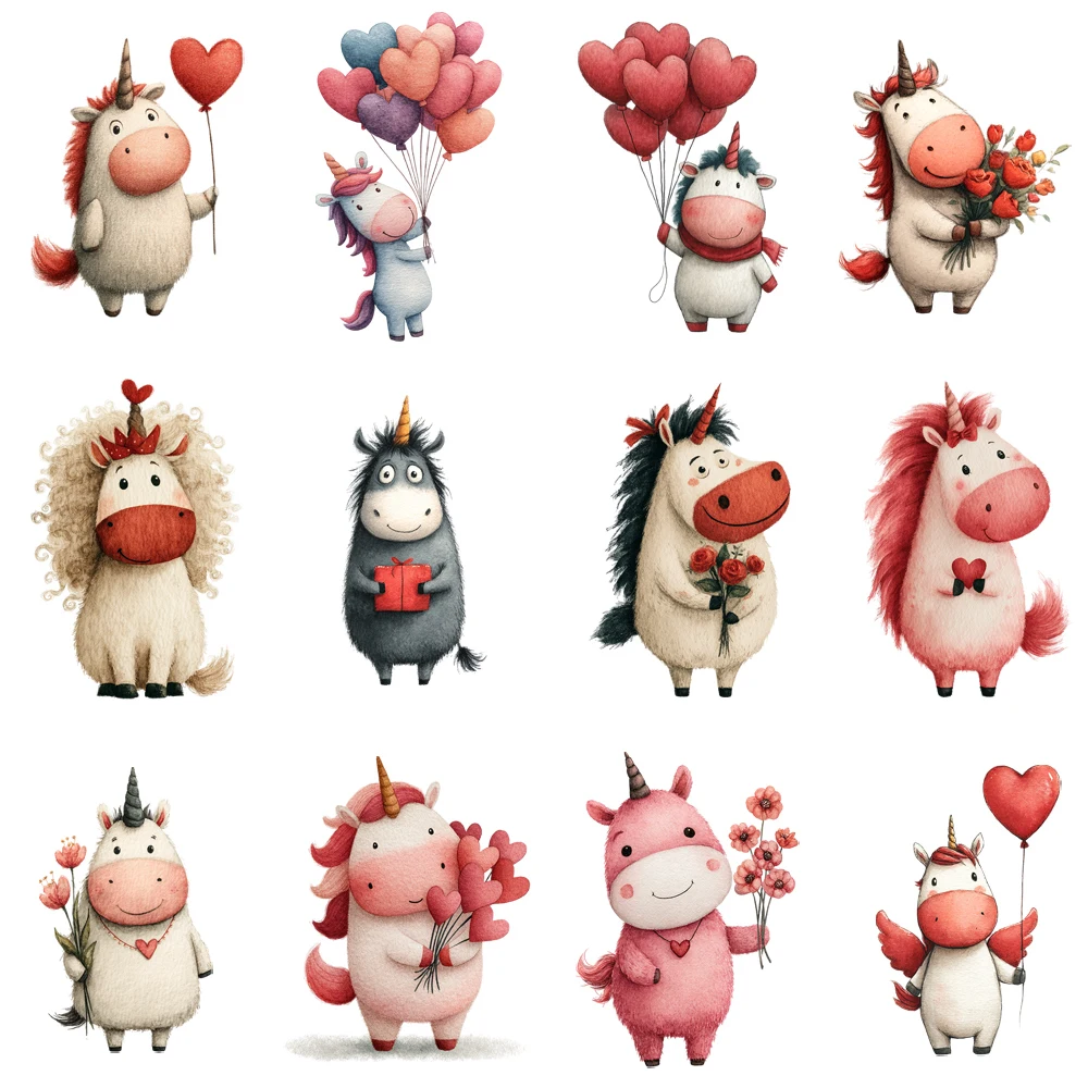 15cm Whimsical Valentine Unicorn Balloon Animal Iron On Transfer Stickers Diy DTF Heat Transfer Sticker T-shirt Clothes Decal