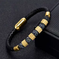 Punk Stainless Steel Strand Beads Chain Link Men Women Charm Leather Bracelets Charm colored Stone Jewelry Gift