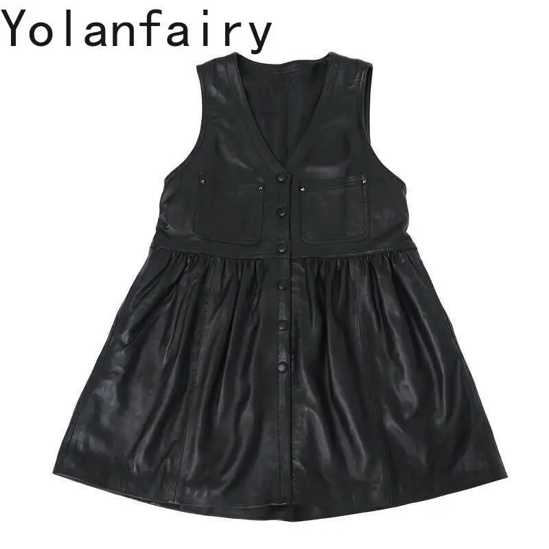 

YOLANFAIRY New Real Sheepskin Leather Dress 2026 Woman Autumn Winter Black Leather Dress V Neck Sleeveless Slim Fit Tank Dresses