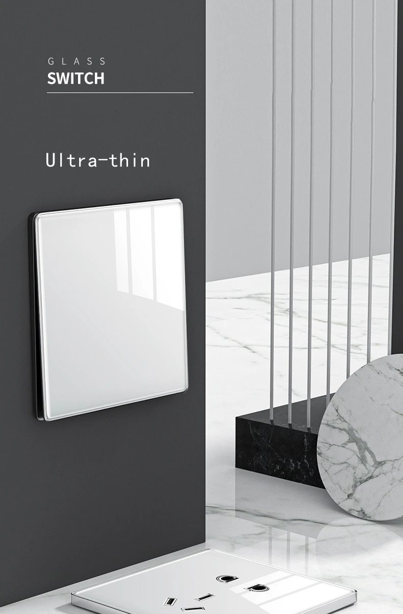 Beliebte ultradünne gebogene Oberfläche 250 V/10 A 1/2/3/4 Gang 86 x 86 mm klassische weiße Spiegel-Wandschalter-Serie aus gehärtetem Glas – Detail 2