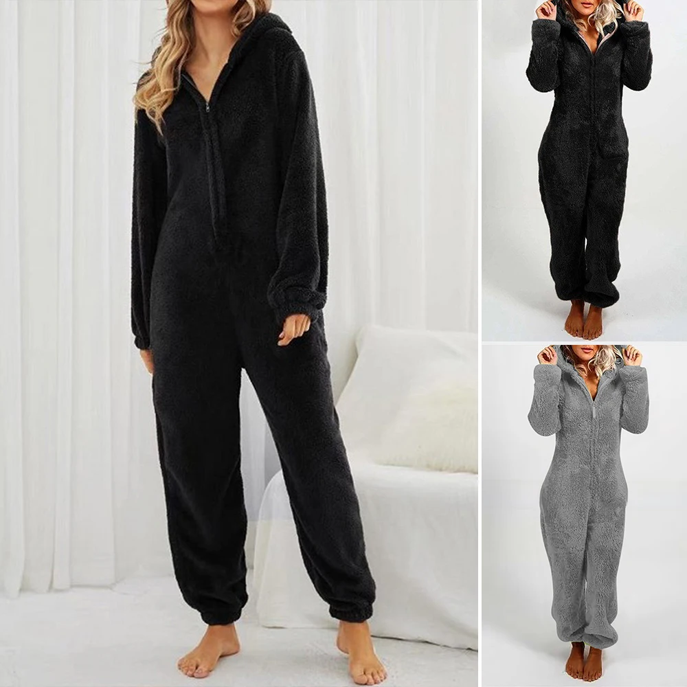 

Осень-зима 2022, повседневные комбинезоны, женские уютные однотонные повседневные комбинезоны на молнии с длинными рукавами и капюшоном до щиколотки, обычный крой