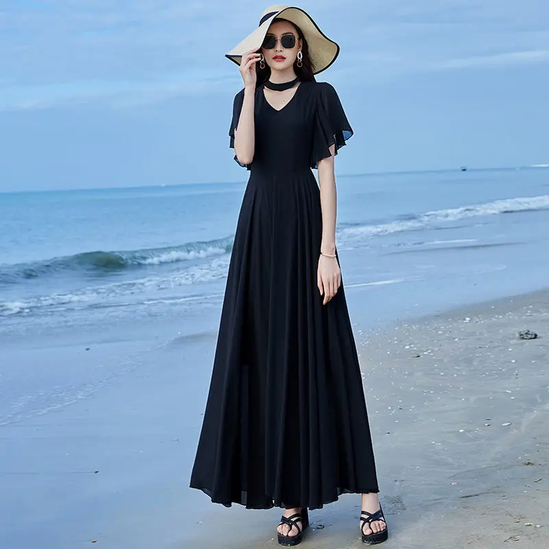 Large Size Women's Chiffon Dress Summer New Style Fat Mm Waist Cinching Belly Covering Long Style Western-style Age Reducing