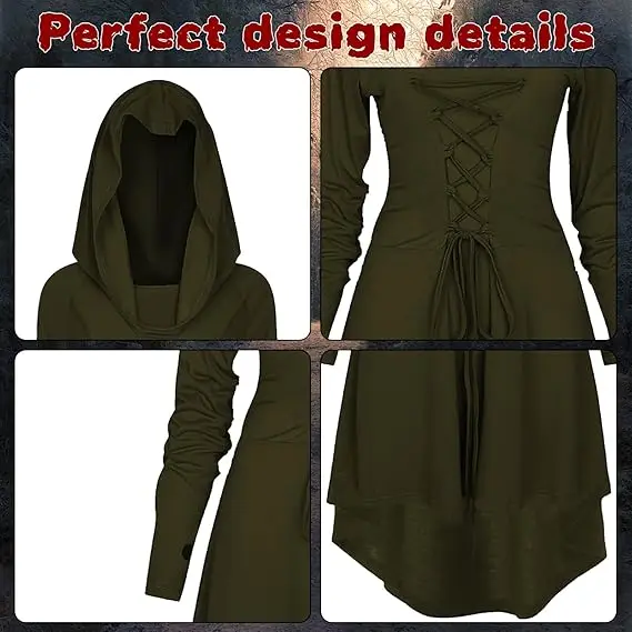 أزياء عصر النهضة النسائية، أزياء الهالوين للنساء في العصور الوسطى، زي بقلنسوة عتيق، فستان بلوفر عالي ومنخفض