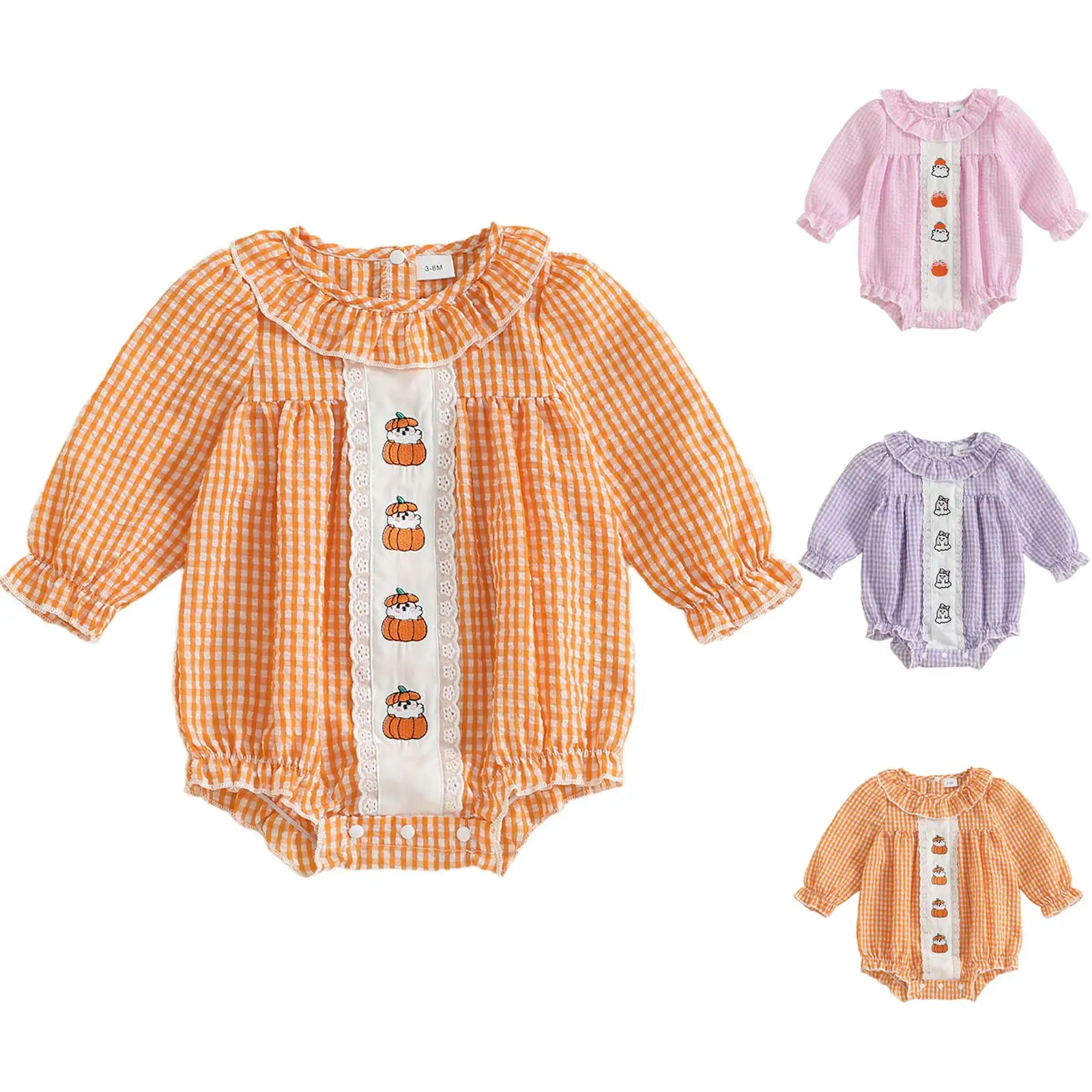 

Baby Girl Long Sleeve Romper Comfortable Soft Fashionable Halloween Cute Pumpkin Printed Plaid Bodysuit Toddler Crawling Clothes