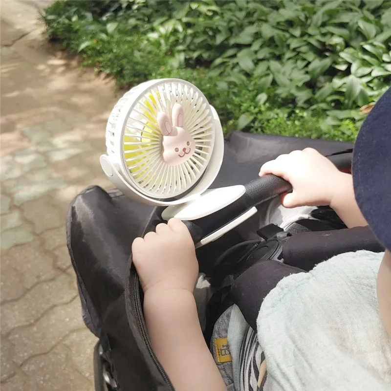 Portable Clip On Baby Stroller Fan USB Charging Cartoon 360° Rotate Cart Cooling Fan 3 Speeds Handheld Electric Fan