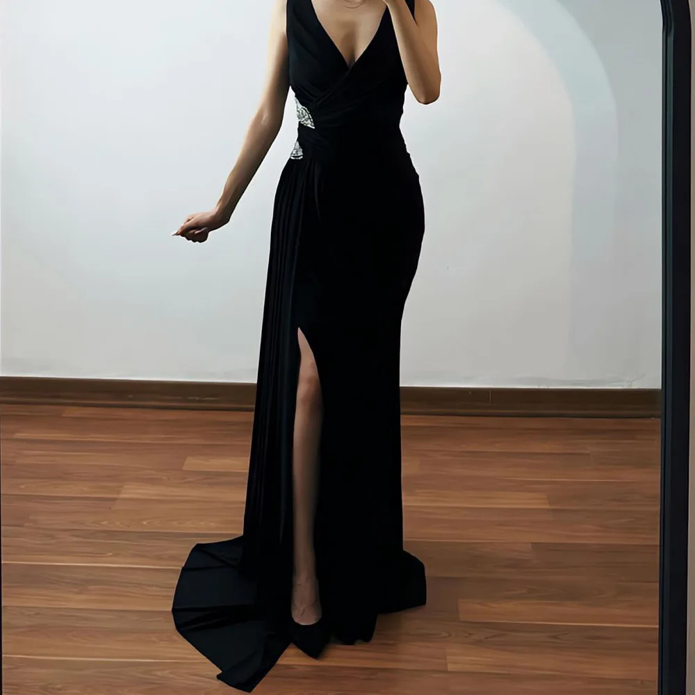 

Mermaid Front Slit V-Neck Chiffon Sleeveless Black Modern and Graceful Evening Dresses Panel Train Crystal Pleats Zipper Back