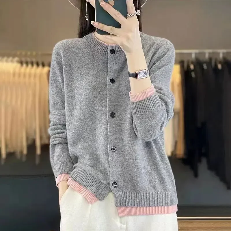 

2024 Women Summer New Contrast Color Cardigan Coat Female O-neck Knitted Overcoats Ladies Long Sleeve Sweater Jackets Z325