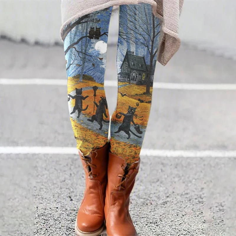 Dames schattige kattenleggings 2024 herfst en winter nieuwe elastische slim fit dames casual bedrukte lange kerstbroek laarsbroek