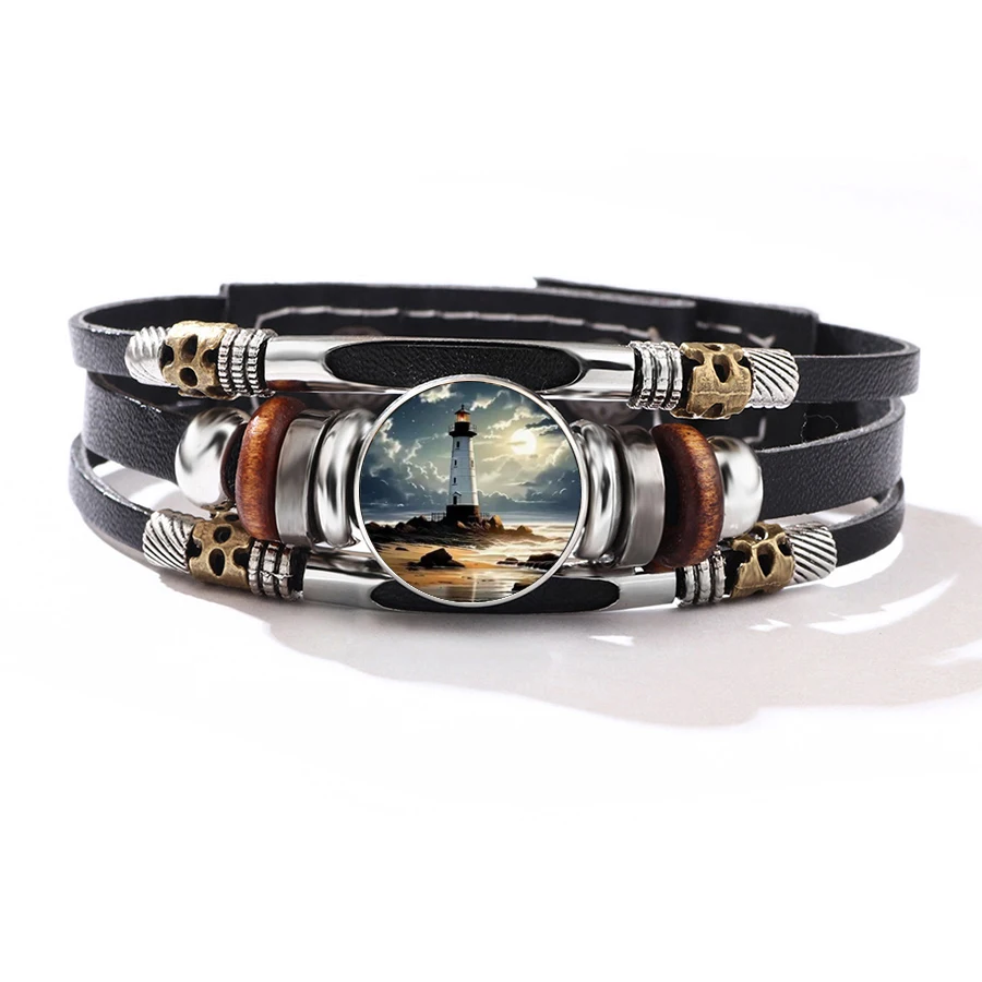 Dusk Lighthouse Pattern Round Glass Alloy Bracelet Charms, Popular European American Foreign Trade Fashion Accessories