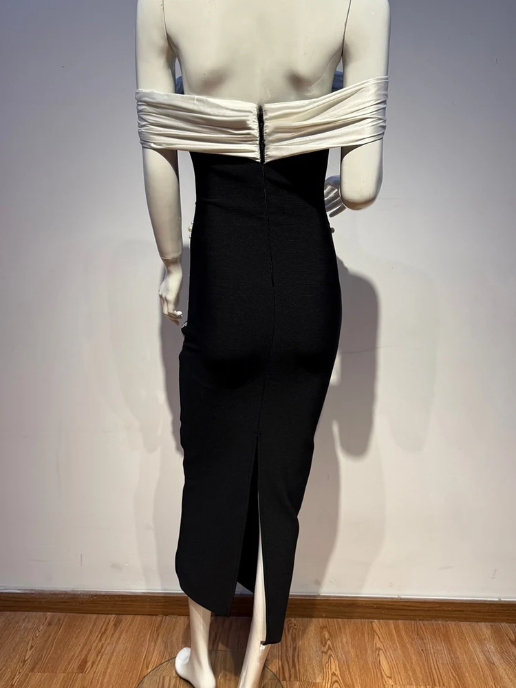 Women's Strapless Black and White Pearl Embellished Midi Dress Satin Bust Evening Gown for Cocktail Formal Events