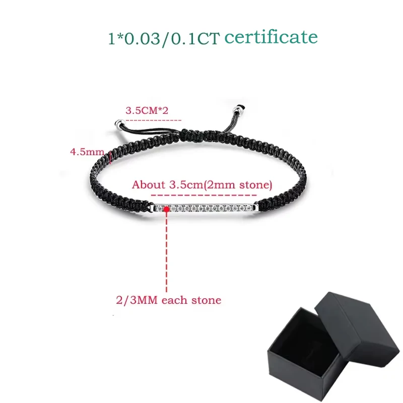 Smyoue 2/3mm Braided-rope Full Moissanite Bracelets for Women Men Adjustable Jewelry 100% 925 Sterling Silver Plated 18k Chain