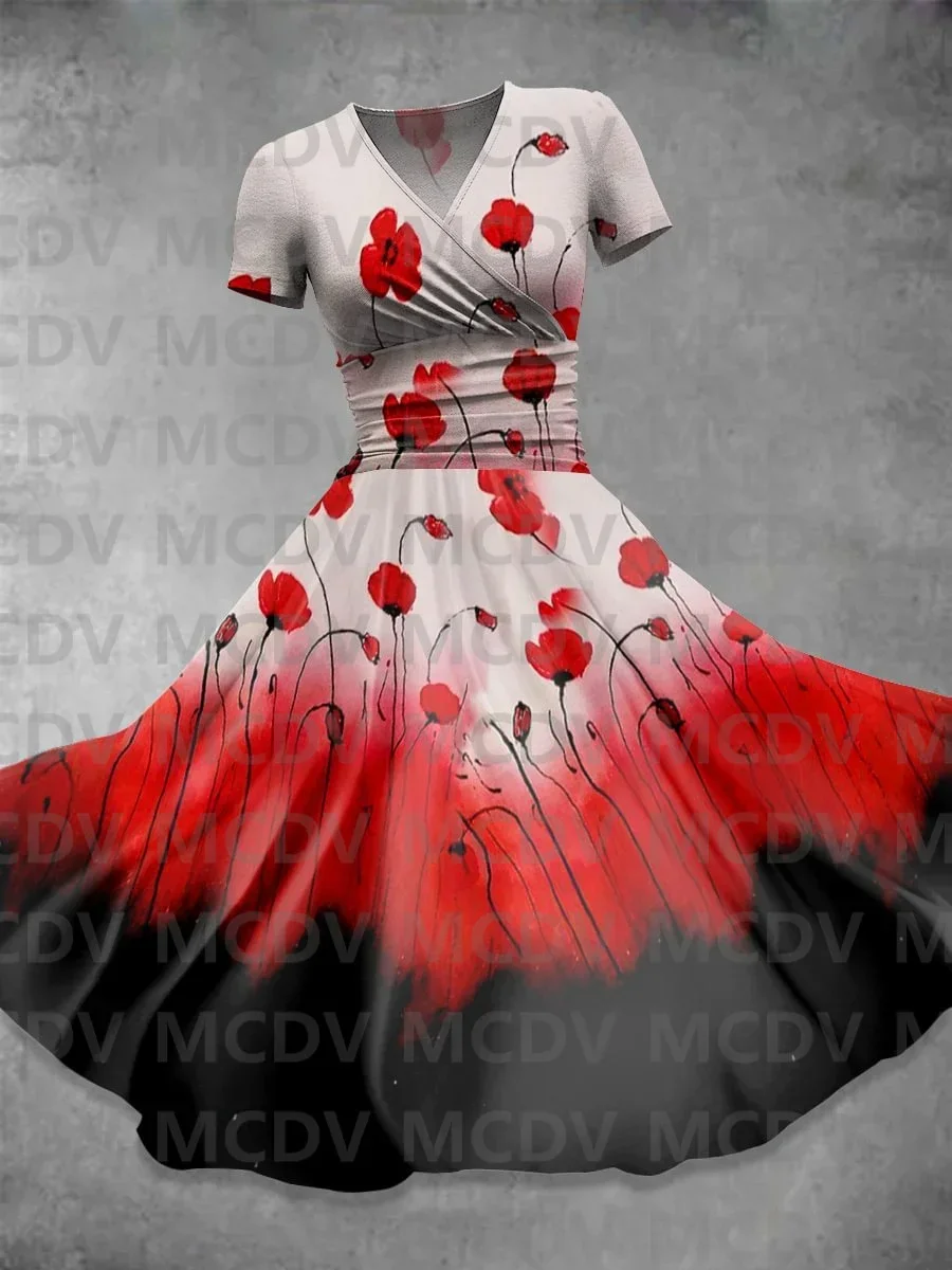 Poppy Art Print Casual Dress 3D Printed Women's Sexy V-neck Dress Female Dresses