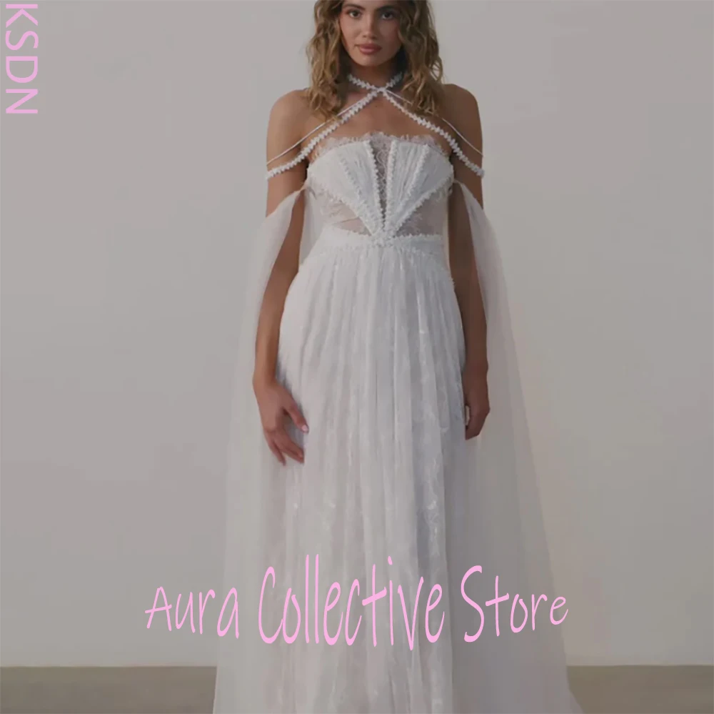 Robe de mariée de luxe en mousseline de soie et dentelle pour femmes, effet d'illusion, sans bretelles, épaules dénudées, style Boho, en Tulle transparent, avec traîne Court