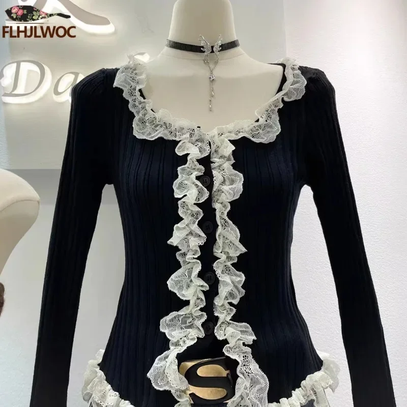 New Year Hot Slim Fitted Ruffles White Lace Sweater Jumper Women Girls Japan Style Retro Vintage Chic Korea Short Knit Pullovers