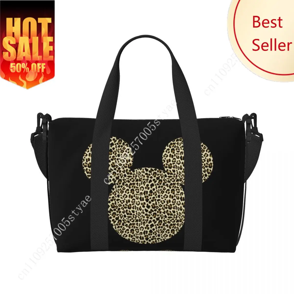 

Custom Mickey Mouse Leopard Print Fill Tote Bag Women Large Capacity Gym Beach Shoulder Travel Bag