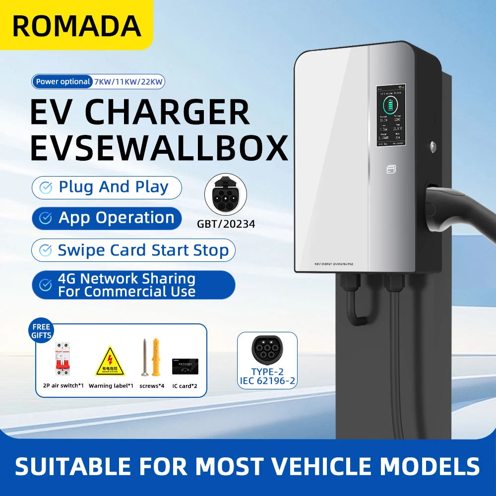 

ROMADA 32A 7KW EV Charging Station Wallbox Type2 IEC62196 Cable Car Charger with APP Control GBT20234 Electric Vehicle Charger