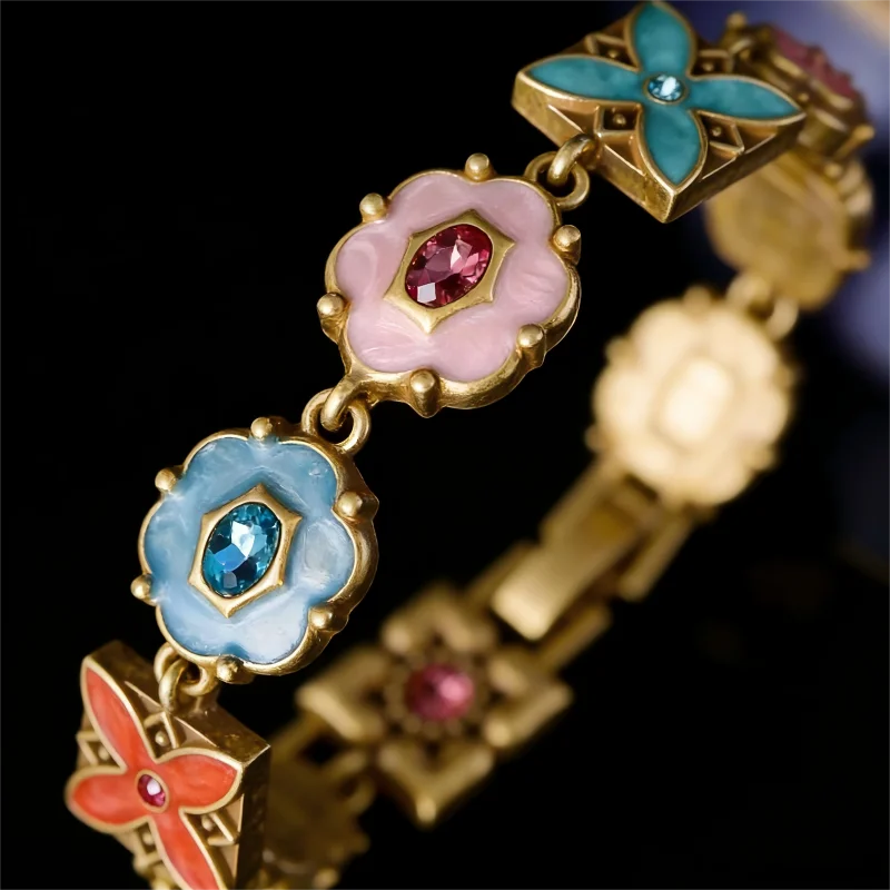 

Elegant Vintage Floral Enamel Bracelet Court Style Heavy Colorful Glass Jewelry for Women Party Gift