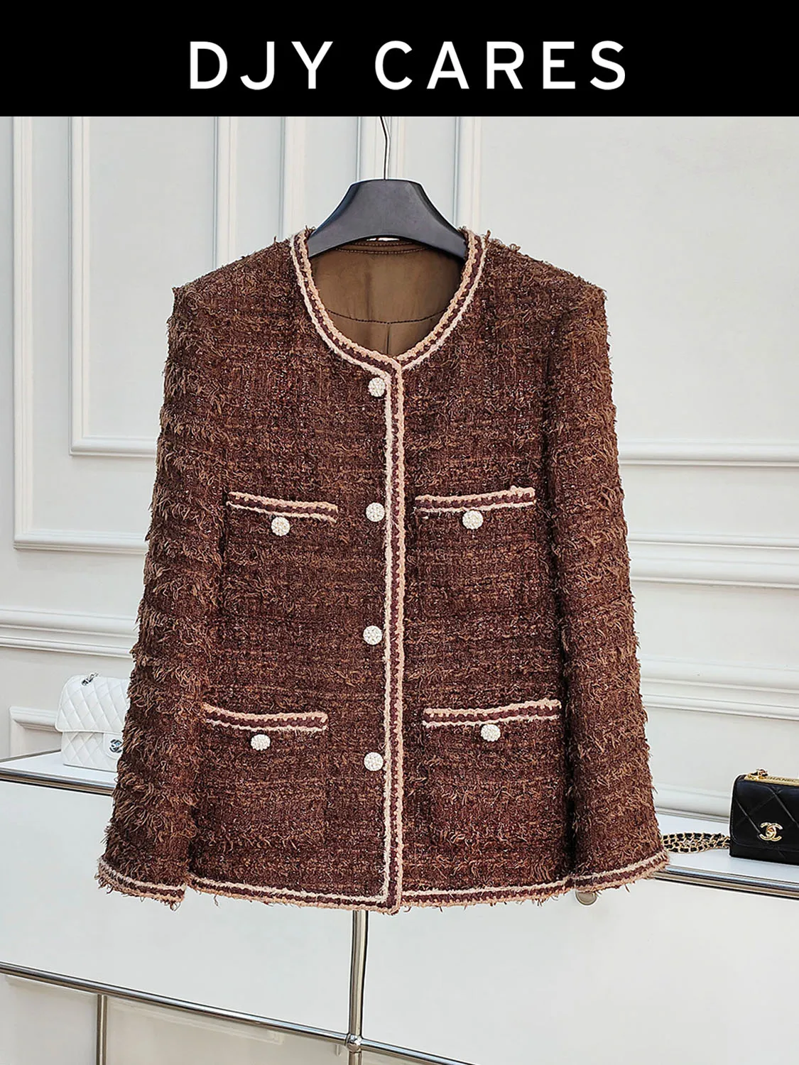 

New Coarse woolen brown coat, fashionable and versatile mid length top big size