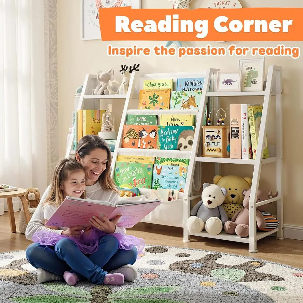 رف كتب للأطفال، خزانة كتب كبيرة للتخزين: منظم ألعاب رف كتب أبيض مكون من 3 طبقات للأطفال الصغار - رف عرض مع 3 جيوب لـ #6