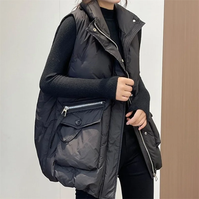 Europe 2023 Autumn Winter Female New Down Cotton Vest Women Loose Wear Big Pocket Embroidered Vest Cotton Vest Jacket Cardigan