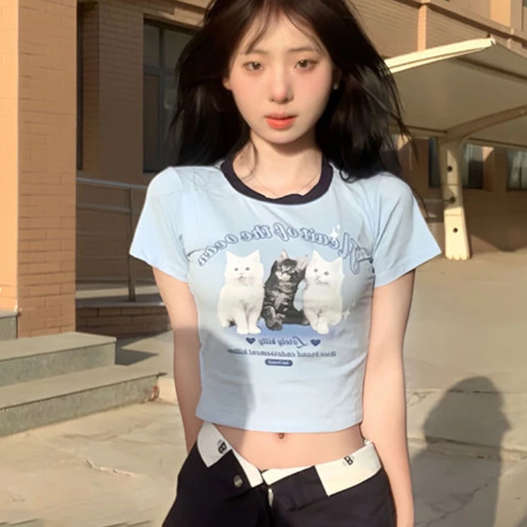 Sweet Cat Print Contrast Color T-shirts 2024 Summer Slim O Neck Cropped Tops Women Y2k Aesthetic All Match Casual Kawaii Tees