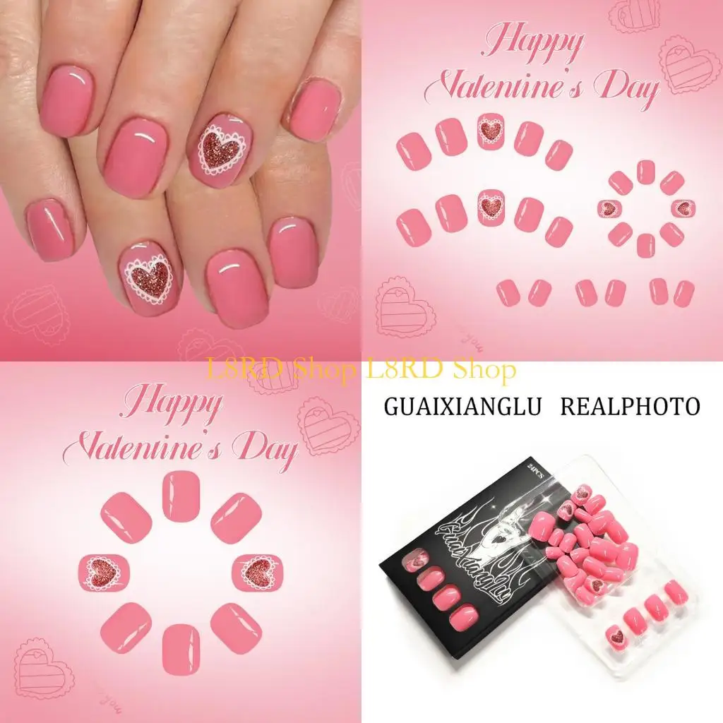 

L8RD 24PCS Short False ABS Build Heart Design Sweet Styles Artificial For Women Daily Valentines Party Use