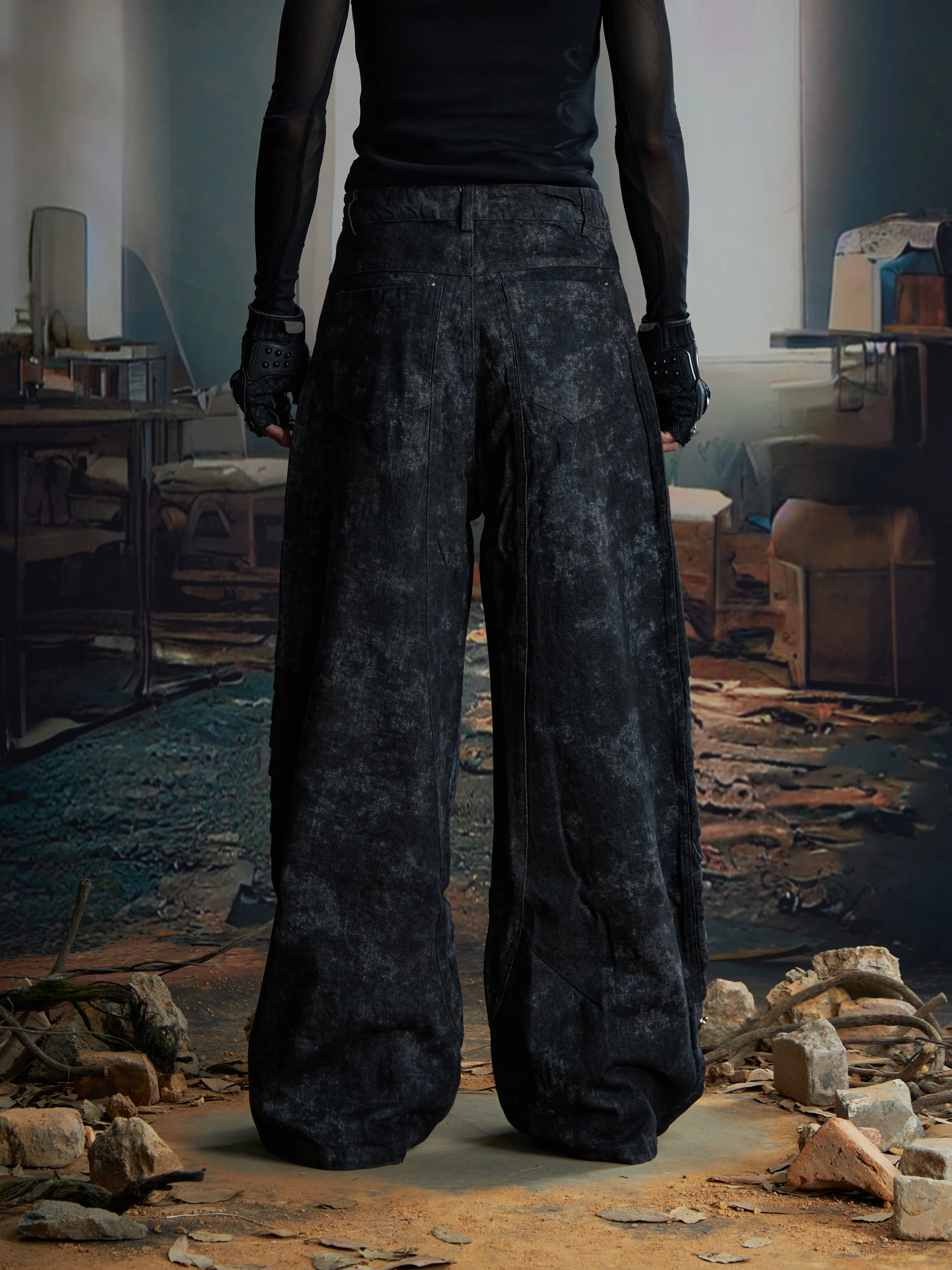 Design Dark Heavy Industry Deconstructs Double-Layer Structure Stitching Wide Leg Loose Burrs Tassels Brushed Jeans