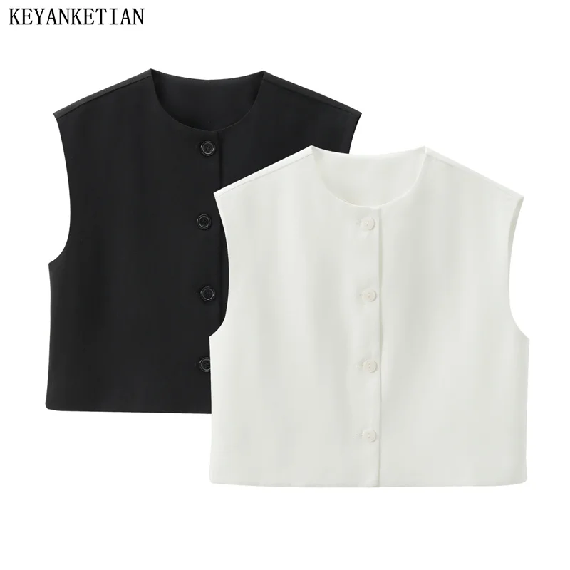 

Новинка 2024, Женский однобортный Свободный Топ KEYANKETIAN без рукавов, с круглым вырезом и прямыми штанинами, тонкий укороченный жилет